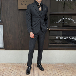 英伦修身男士二粒扣条纹西服三件套新郎伴郎礼服套装SJT918-P300图片