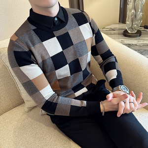 秋冬毛衣拼接假两件衬衫领针织背心套头毛衣男潮黑色 MY5090-P95图片