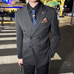 韩版修身男士双排扣条纹西服二件套新郎伴郎套装深灰色LJT29-P220，男装西服，电商C308