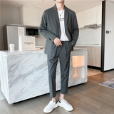 轻熟风英伦纯色宽松西服+阔版休闲九分裤套装绿色TZ16-P215，男装西服，电商C308