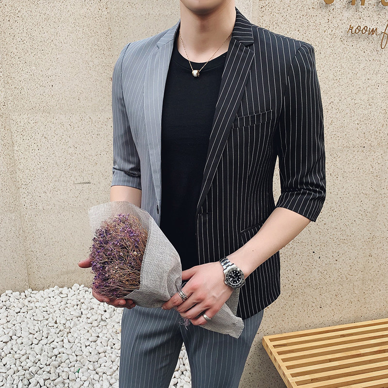 轻熟风潮男修身拼色条纹男士中袖西服+九分裤套装TZ121-P195,男装西服,电商C308