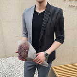 轻熟风潮男修身拼色条纹男士中袖西服+九分裤套装TZ121-P195，男装西服，电商C308