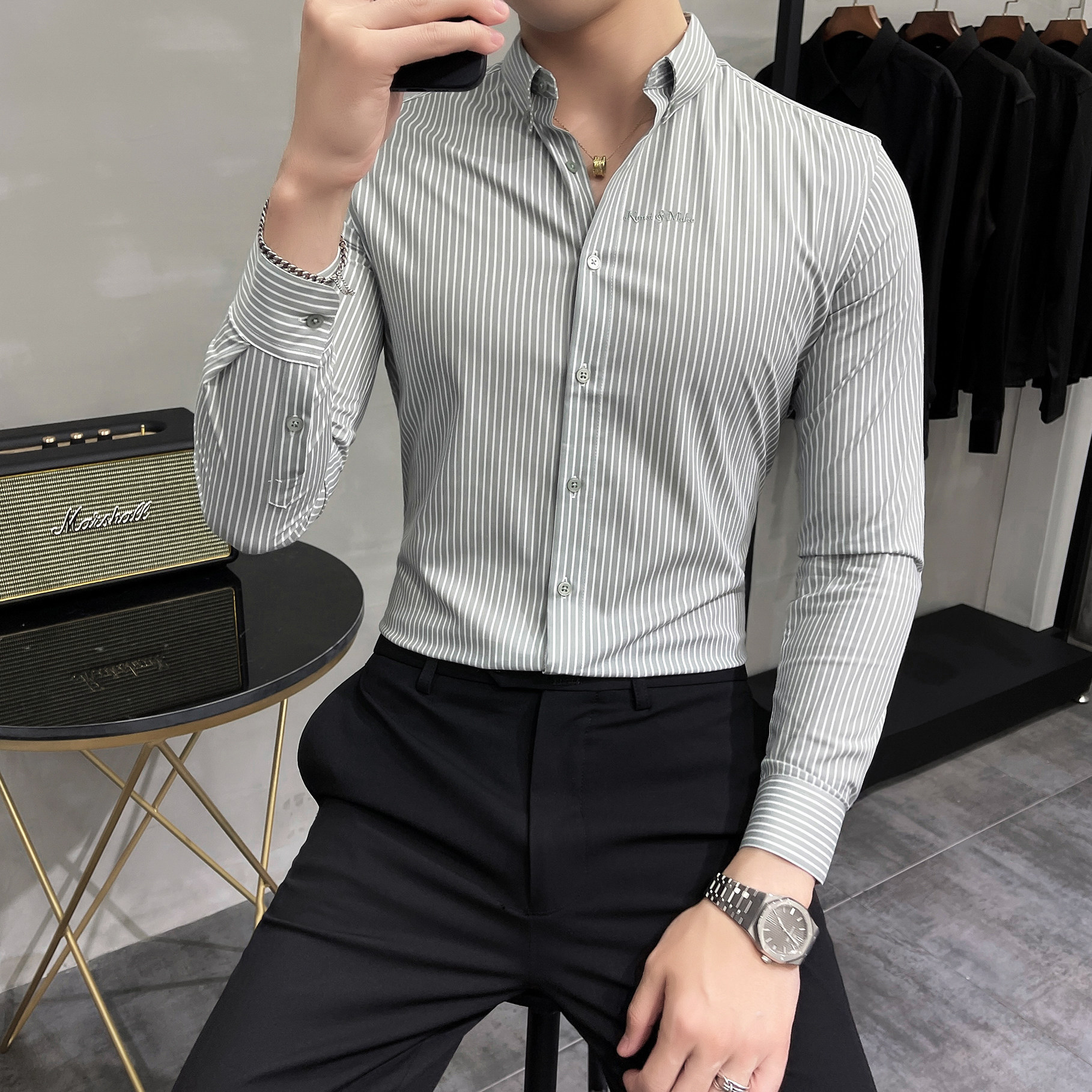 秋冬韩版修身长袖衬衫男英伦条纹刺绣衬衣C8876-P65，男装衬衫，电商C308