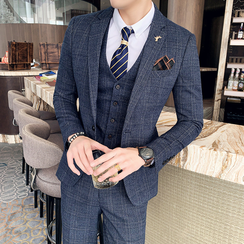 高品质韩版修身格子男士西服三件套新郎西服套装SJT956-P260,男装西服套装,电商C308