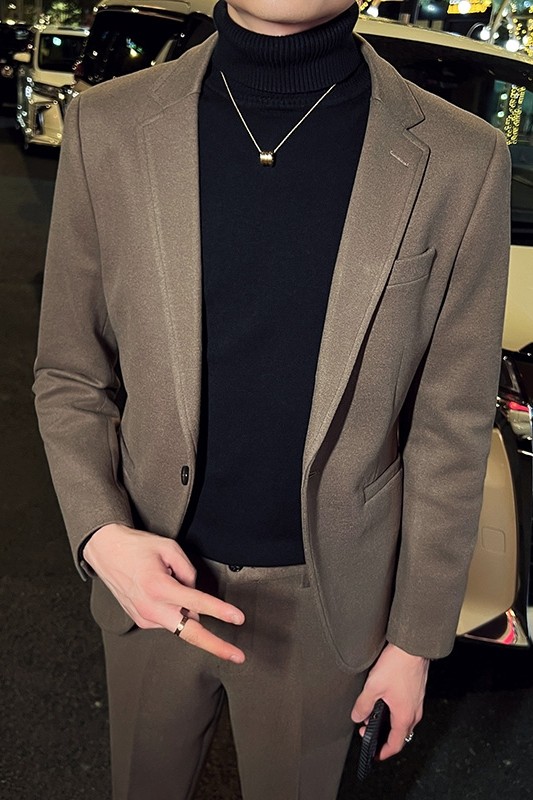 秋冬英伦韩版修身男士商务休闲一粒扣毛呢西服外套卡其色X33-P155,男装西服,电商C308