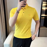 夏季冰丝高弹翻领无痕T恤男士光滑短袖POLO衫黄色PL2-P48，男装T恤，电商C308