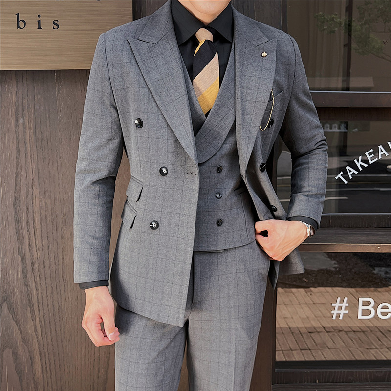 英伦修身男士双排扣格子西服三件套新郎伴郎礼服套装SJT920-P300，男装西服，电商C308