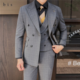 英伦修身男士双排扣格子西服三件套新郎伴郎礼服套装SJT920-P300，男装西服，电商C308