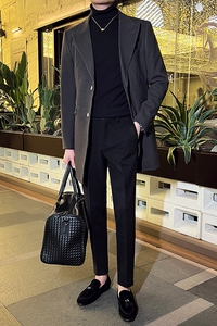 英伦韩版修身男士商务休闲中长款西服呢料外套咖啡色X35-P170图片