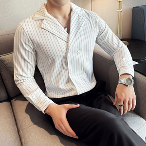 秋冬款古巴领英伦经典条纹双排扣男士长袖衬衫C15-P70图片