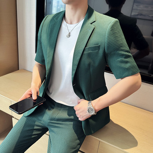 春夏款 纯色休闲男士时尚华夫格中袖西服九分西裤套装LJT931-P195图片