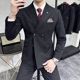 秋冬韩版修身纯色双排扣男士西服三件套装米白色SJT902-P265，男装西服，电商C308