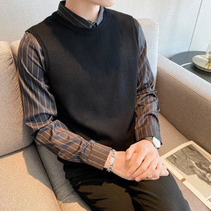 秋冬毛衣假两件衬衫领针织背心套头毛衣男潮咖啡色 MY4-P75，男装背心/马甲，电商C308