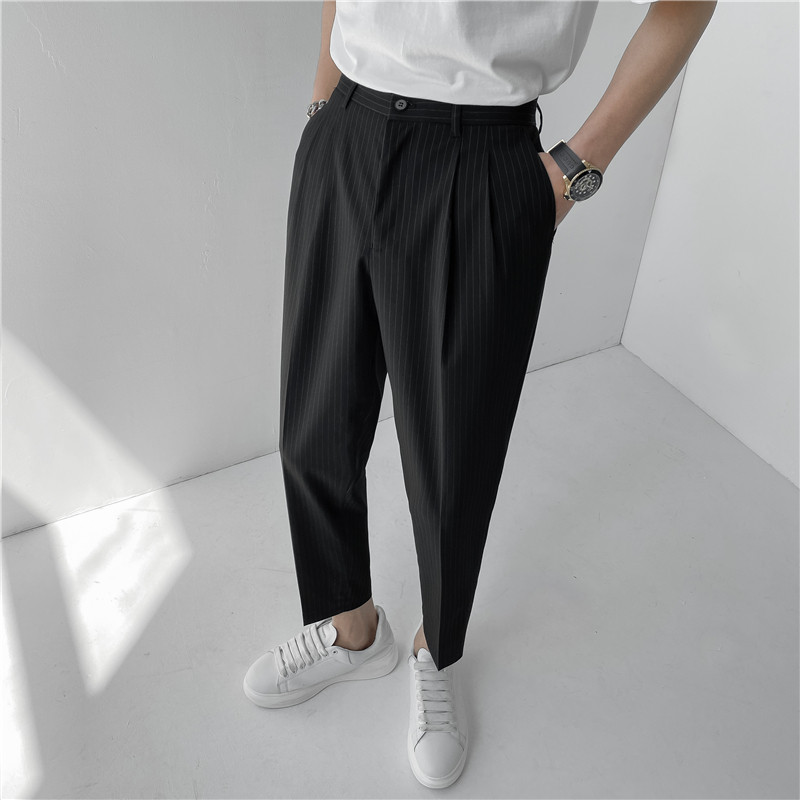 21春夏轻熟风微宽时尚休闲裤阔版条纹小脚九分西裤K13-P65，男装西裤，电商C308