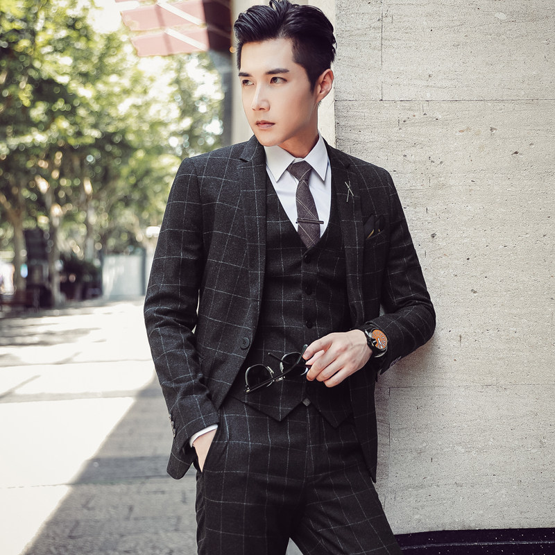 秋冬韩版修身格子男士休闲西服三件套新浪套装SJT905-P280，男装西服，电商C308
