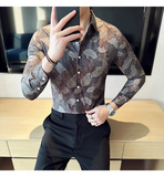 高级感修身花衬衫时尚衬衣男长袖衬衫质感潮流衬衫黑色C2025-P63，男装衬衫，电商C308