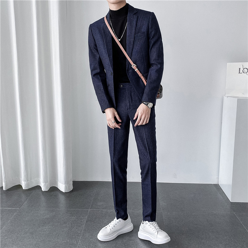ins轻熟风韩版修身男士休闲条纹西服套装 西装套装LJT903-P205图片