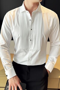 塔士多礼服法式扣衬衫新郎结婚长袖衬衫男拼接设计感衬衣Z015-P75图片