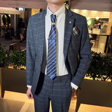 秋冬款英伦韩版修身男士商务休闲格子西服外套深灰色X30-P155，男装西服，电商C308