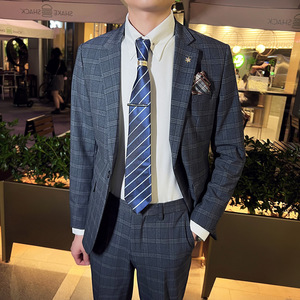 秋冬款 英伦韩版修身男士商务休闲格子西服外套蓝色X30-P155，男装西服，电商C308