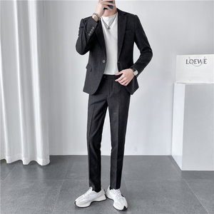ins轻熟风韩版修身男士休闲条纹西服套装 西装套装LJT903-P205图片