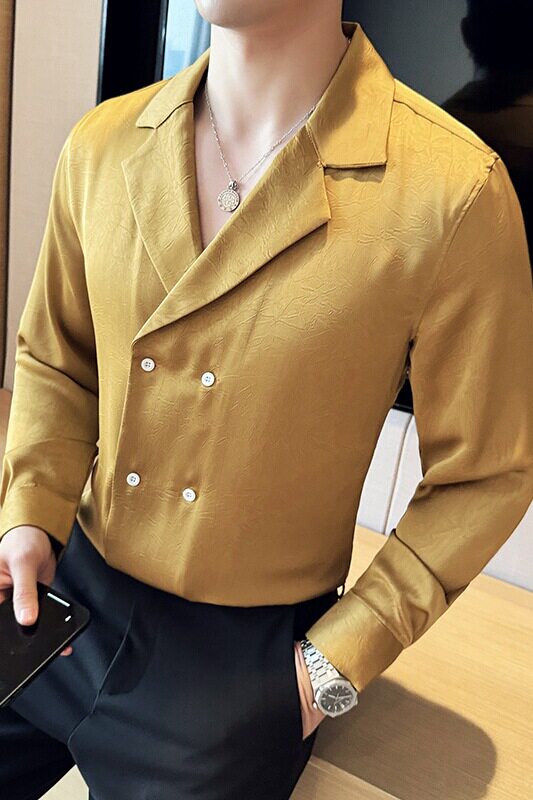 秋冬款古巴领英伦经典纯色压花绸缎双排扣男士长袖衬衫C17-P70,男装衬衫,电商C308