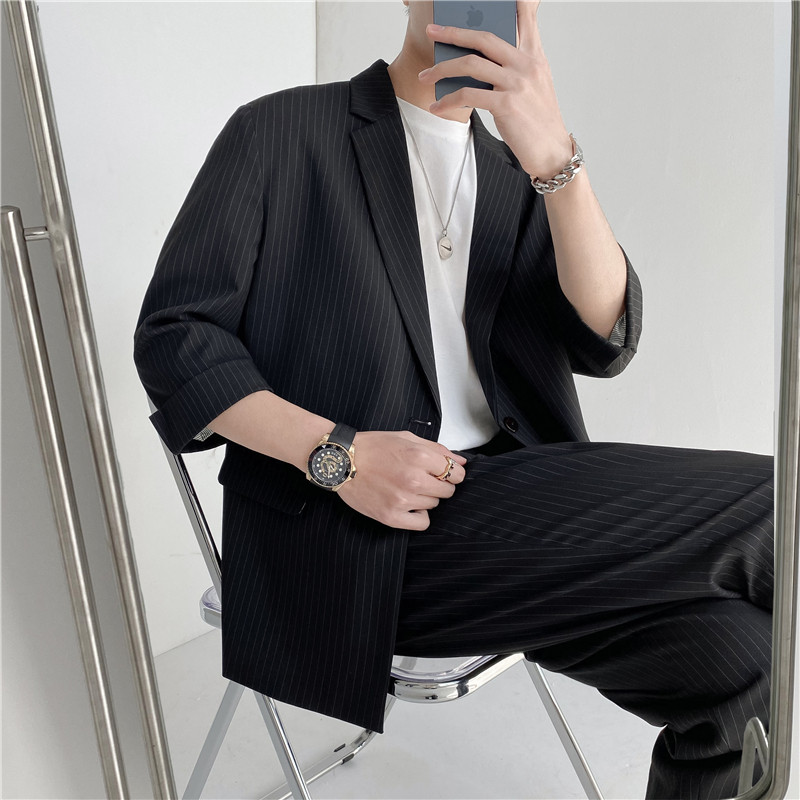 21春夏款轻熟风英伦条纹中袖西服阔版宽松休闲西服X13-P130，男装西服，电商C308
