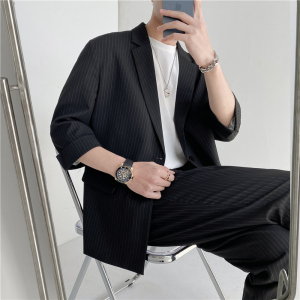 21春夏款轻熟风英伦条纹中袖西服阔版宽松休闲西服X13-P130