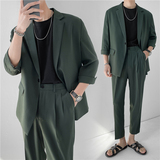 轻熟风英伦纯色宽松中袖西服+阔版九分裤套装TZ15-P195，男装西服，电商C308