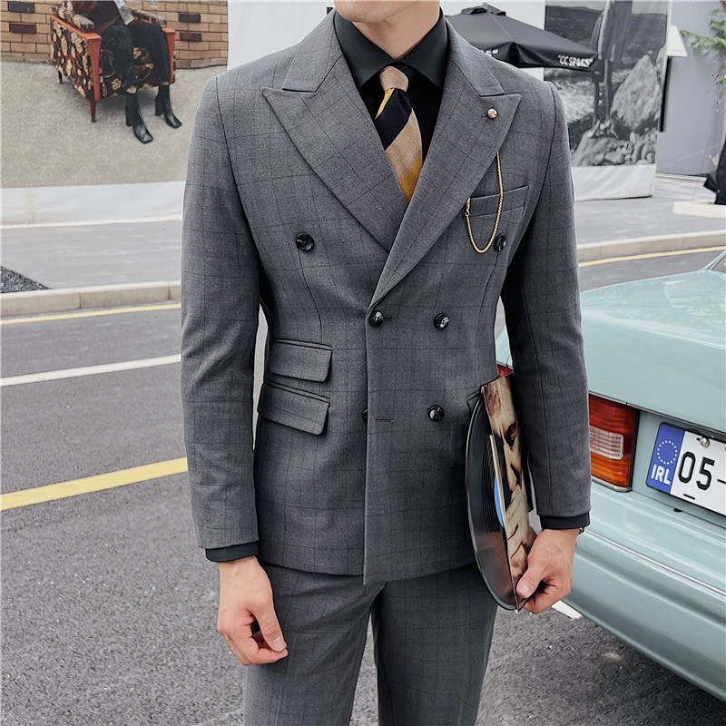 英伦修身男士双排扣格子西服新郎伴郎礼服外套X920-P155,男装西服,电商C308