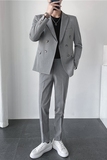 秋冬英伦韩版修身双排扣纯色休闲商务西服套装中灰色LJT830A-P220，男装西服套装，电商C308