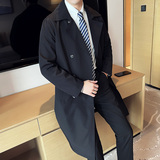 秋冬款英伦休闲双排扣翻领男士中长款风衣纯色外套黑色DA48-P180，男装风衣，电商C308