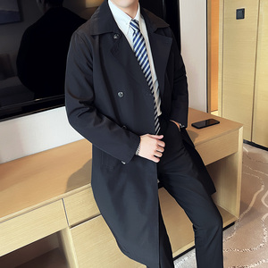 秋冬款英伦休闲双排扣翻领男士中长款风衣纯色外套黑色DA48-P180图片