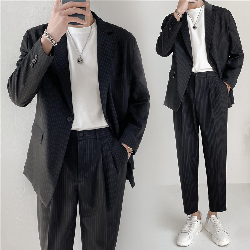 轻熟风微宽英伦条纹长袖西服+阔版九分裤套装TZ14-P215,男装西服,电商C308