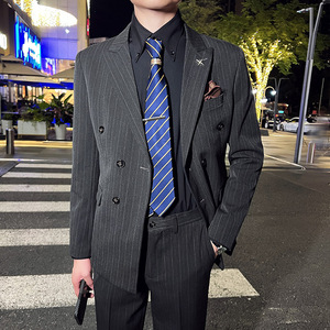 英伦韩版修身男士商务休闲条纹双排扣西服外套黑色X29-P150图片