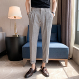春夏薄款千鸟格九分裤男坠感免烫痞帅西裤青年冰凉休闲裤K06-P70，男装西裤，电商C308