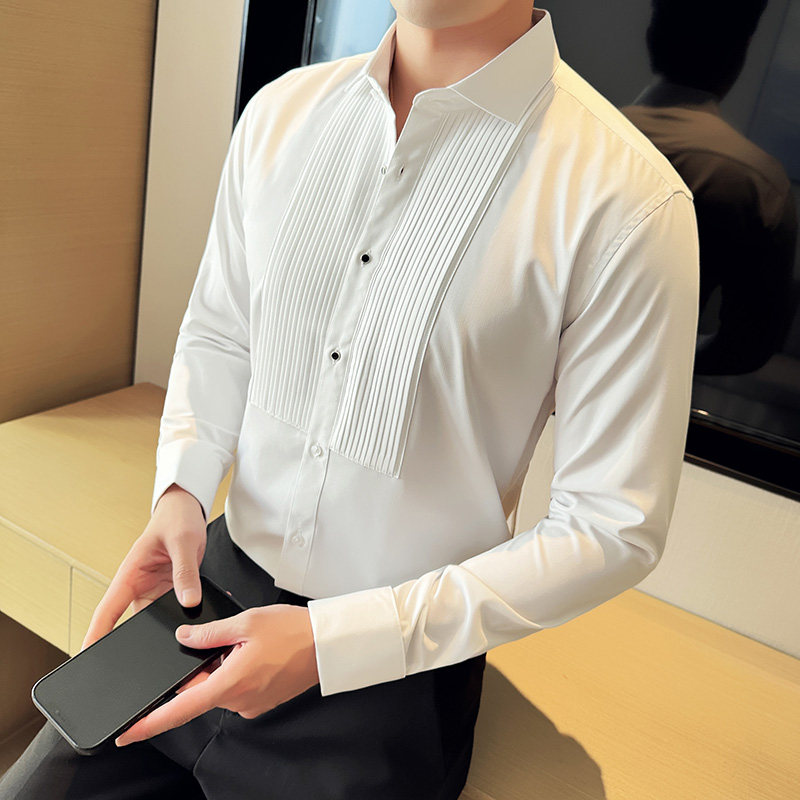 塔士多礼服法式扣衬衫新郎结婚长袖衬衫男拼接设计感衬衣Z015-P75,男装衬衫,电商C308