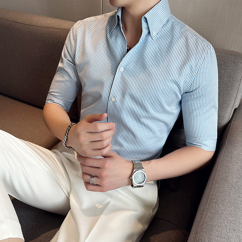 青年雅痞个性网红V领衬衫男中袖帅气修身休闲立领痞帅衬衣C08-P68，男装衬衫，电商C308