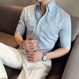 青年雅痞个性网红V领衬衫男中袖帅气修身休闲立领痞帅衬衣C08-P68，男装衬衫，电商C308