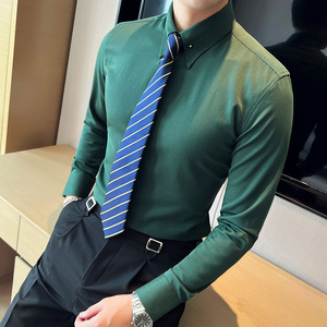 网红大领衬衫男长袖薄款潮流帅气修身休闲立领纯色衬衣绿C51-P68图片
