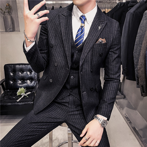 20秋冬款 韩版修身双排扣条纹男士西服三件套 SJT903A双排扣-P265图片