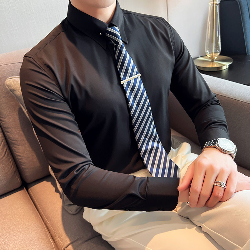 网红大领衬衫男长袖薄款潮流帅气修身休闲立领纯色黑衬衣C51-P68，男装衬衫，电商C308