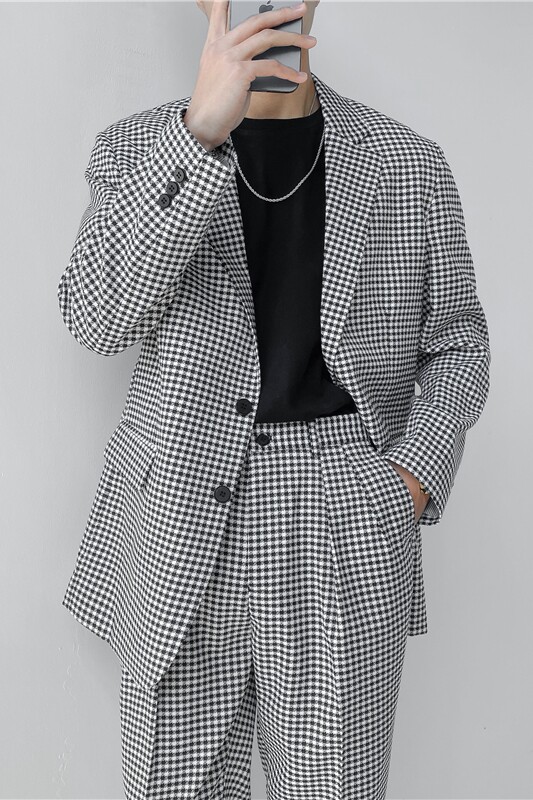 21春夏轻熟风英伦小细格长袖西服+阔版九分裤套装TZ18-P215,男装西服,电商C308