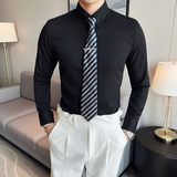 网红大领衬衫男长袖薄款潮流帅气修身休闲立领纯色黑衬衣C51-P68，男装衬衫，电商C308