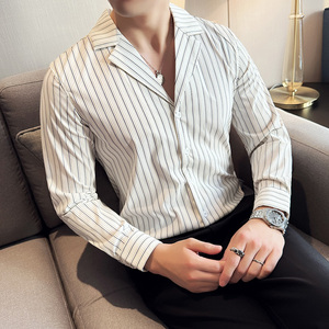 秋冬款古巴领英伦经典条纹单排扣男士长袖衬衫C13-P65图片