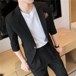 痞帅高级感休闲纯色中袖男士西服+英伦时尚短裤套装TZ04-P210图片