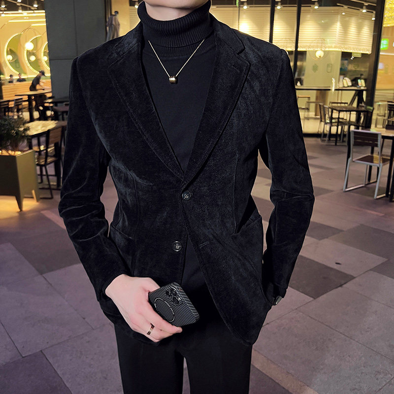 英伦韩版修身男士商务休闲二粒扣灯芯绒西服加厚外套黑色X32-P170，男装西服，电商C308