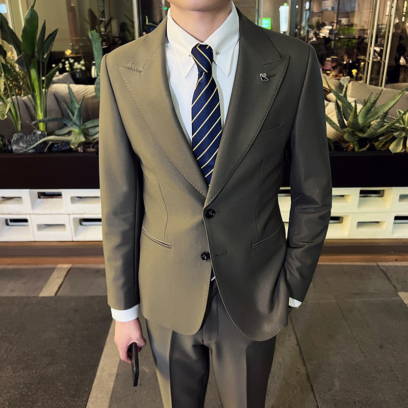 秋冬款英伦韩版修身男士商务休闲纯色西服外套军绿色X889-P155，男装西服，电商C308