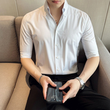 雅痞青年个性V领衬衫中袖帅气修身虚线休闲立领痞帅衬衣男C05-P68，男装衬衫，电商C308