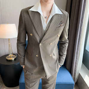 痞雅高级感休闲条纹双排扣西服外套 韩版修身英伦单西装 X08-P155图片